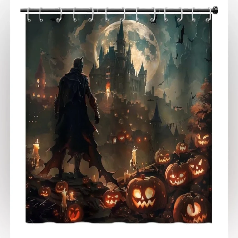 🦇🏯🎃Spooky Vampire Castle Halloween Shower Curtain/Party Photo Backdrop